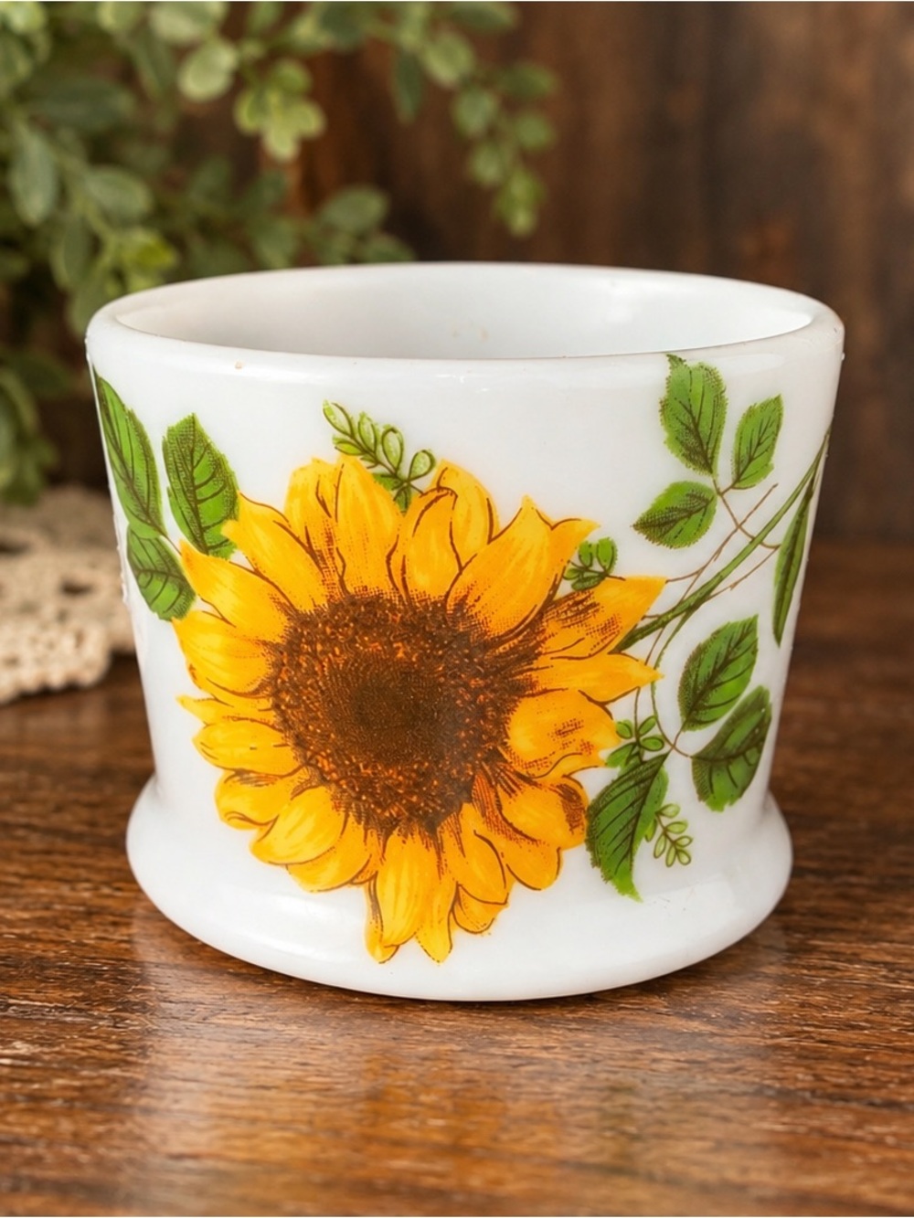 Vintage Sunflower Ceramic Toothbrush Holder White Yellow Green Floral